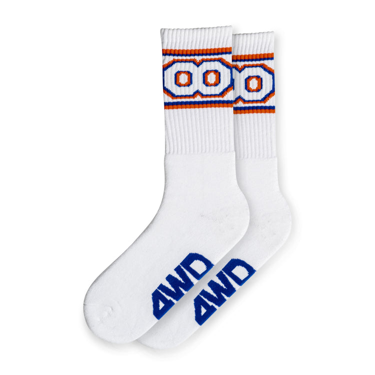 White socks with "8" on the ankle and "4wd" branding on the footbed