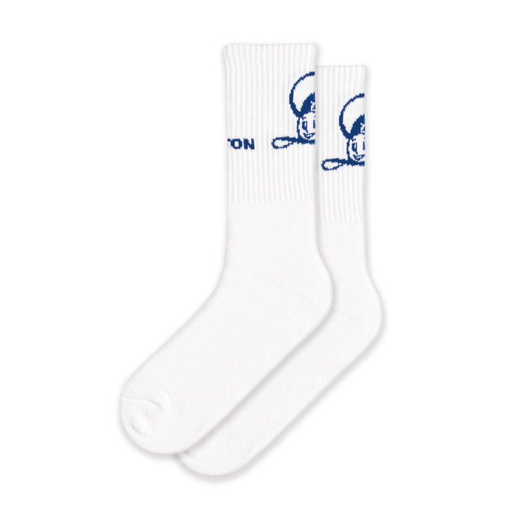 Paid of white socks with the word DUlton on the the ankle and the dulton logo