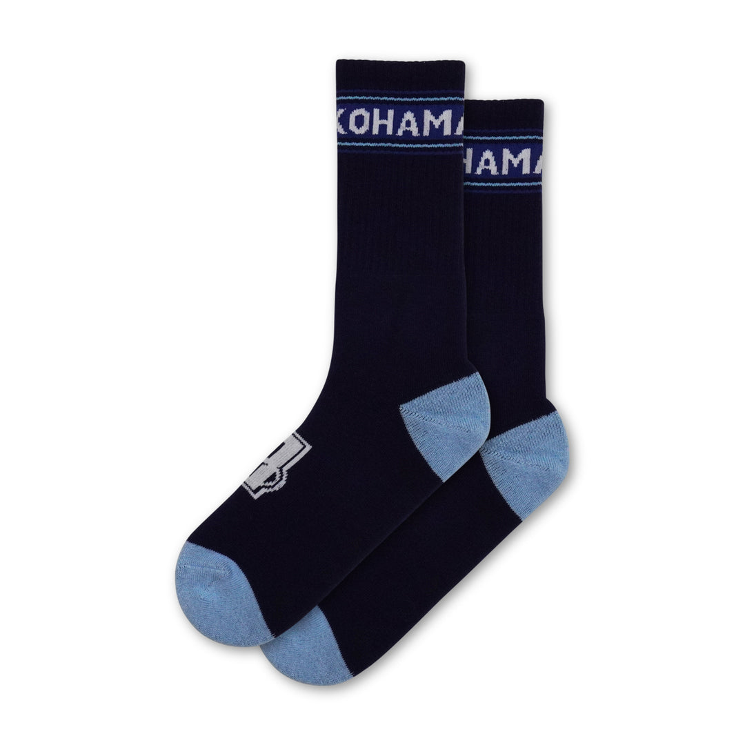 Pair of Navy socks with blue toes and soles on a white background