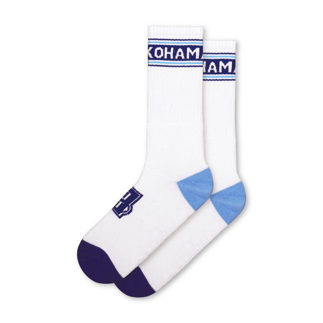 White socks with blue accents 