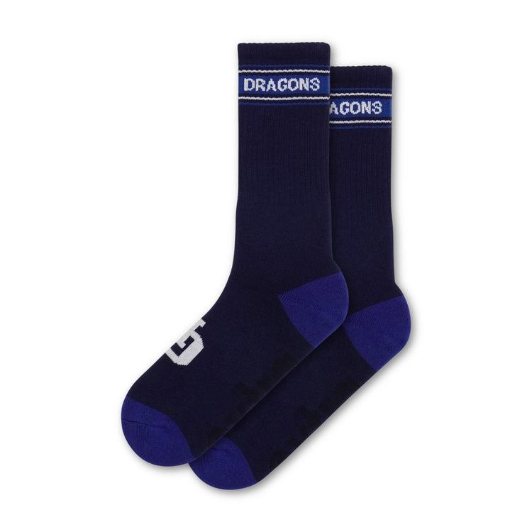 Two navy blue socks with blue accents and 'DRAGONS' branding on a white background