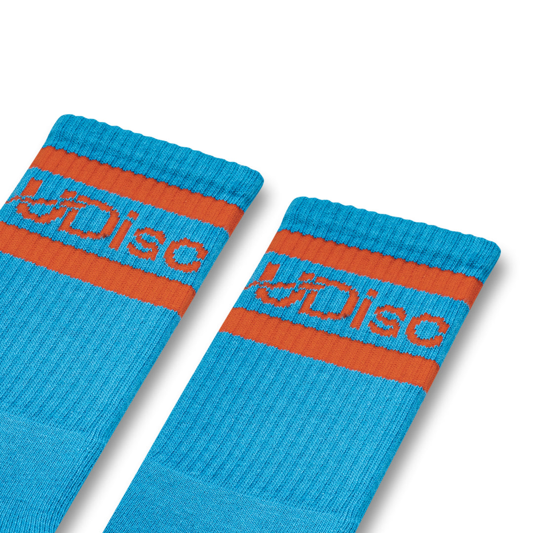 Blue and orange socks featuring Disc Branding