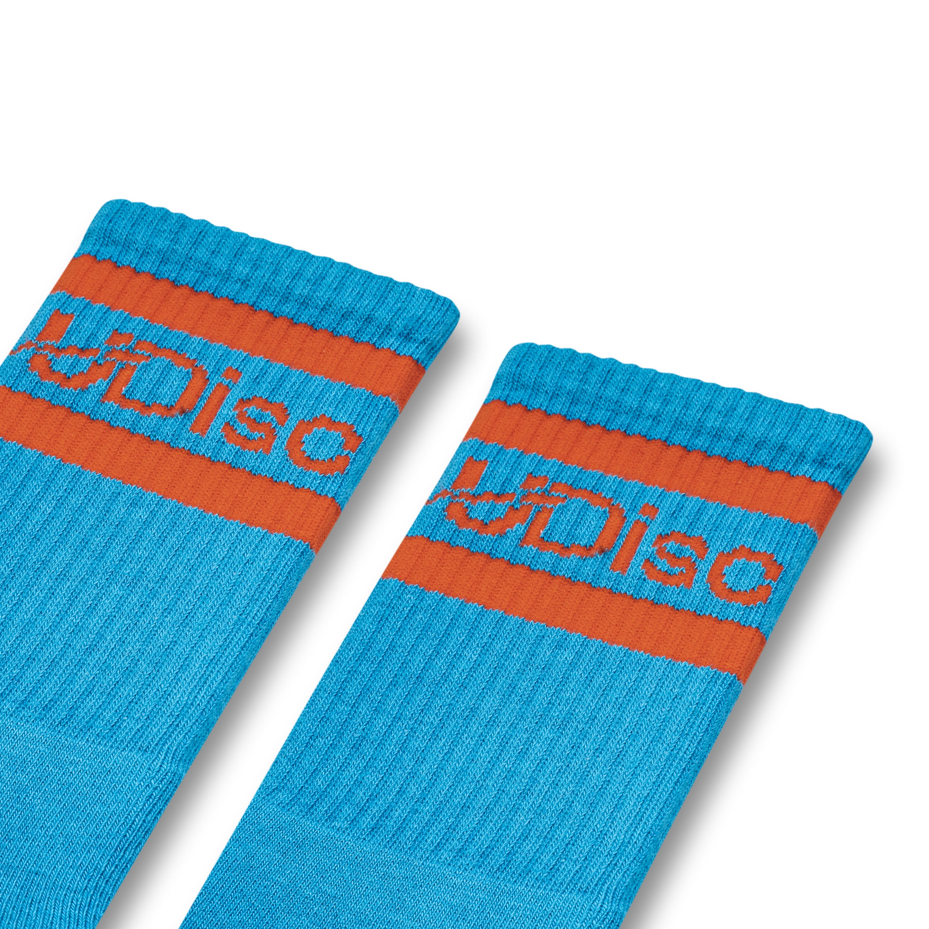Blue and orange socks featuring Disc Branding