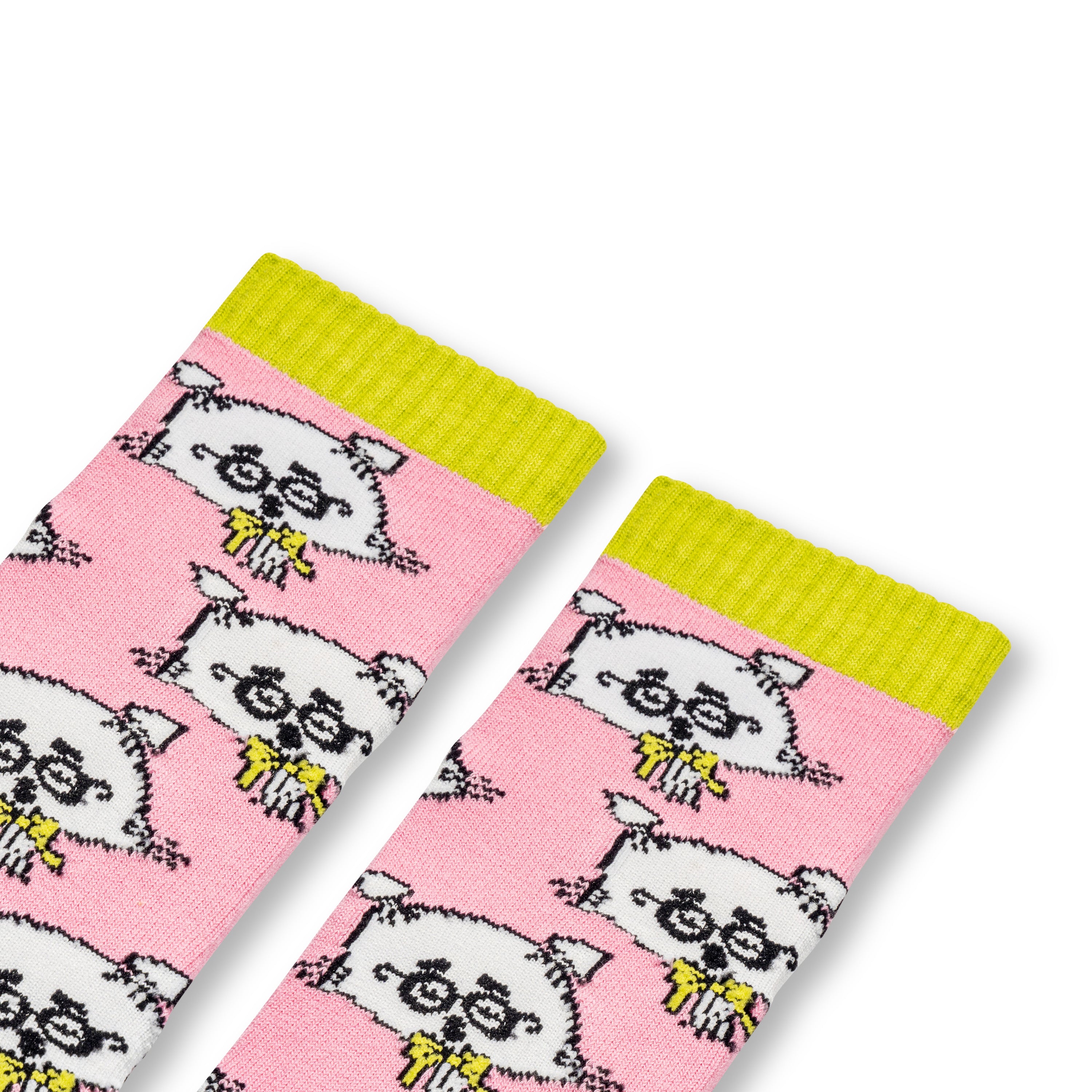 A pair of pink and blue socks featuring a repeated pattern of a stylized, cartoon-like cat with glasses and a bow tie.