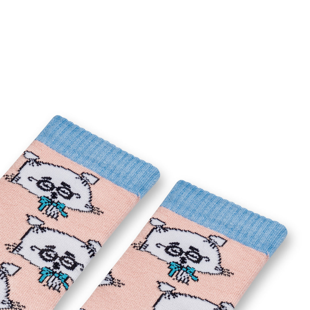 A pair of pink and blue socks featuring a repeated pattern of a stylized, cartoon-like cat with glasses and a bow tie.