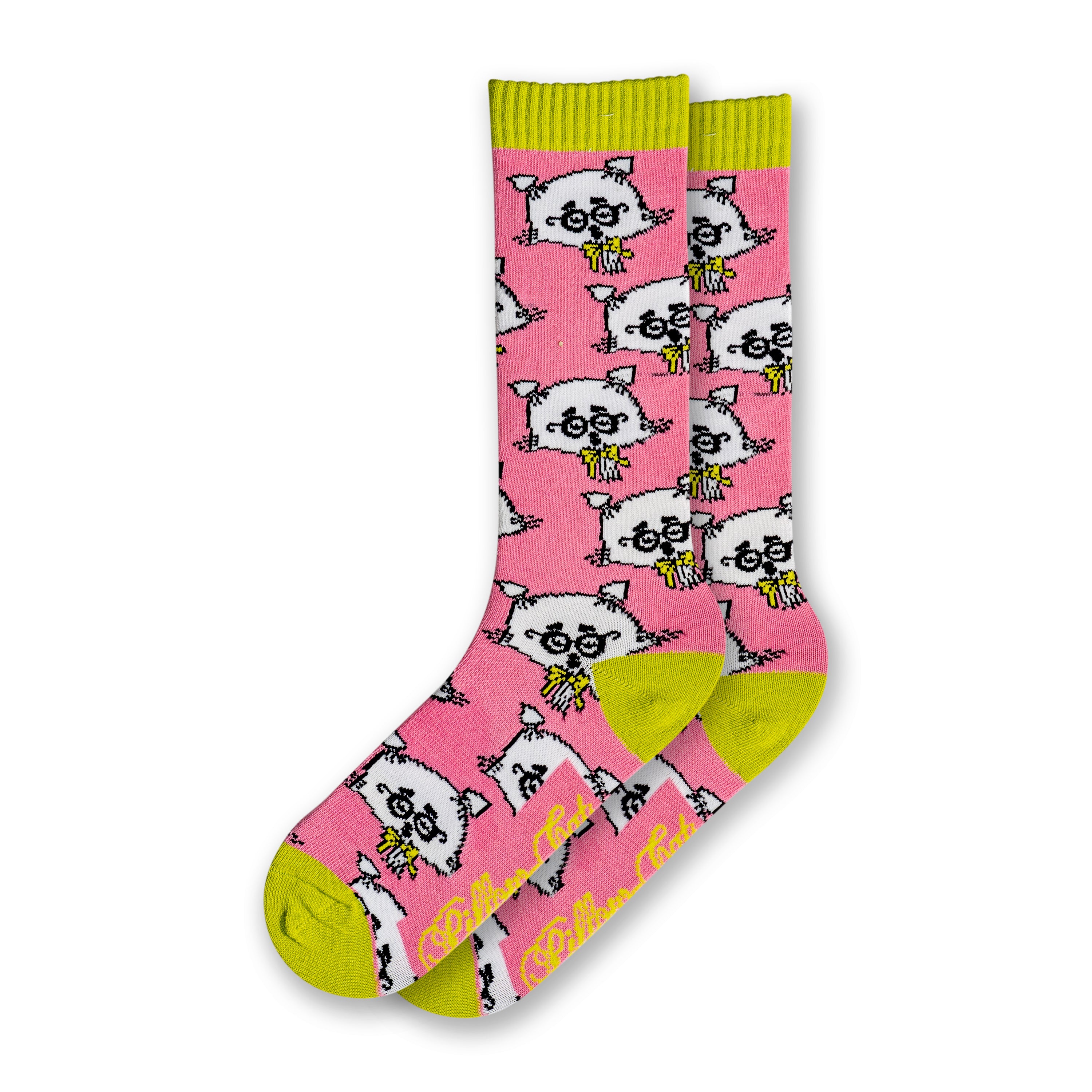 A pair of pink and green socks featuring a repeated pattern of a stylized, cartoon-like cat with glasses and a bow tie.