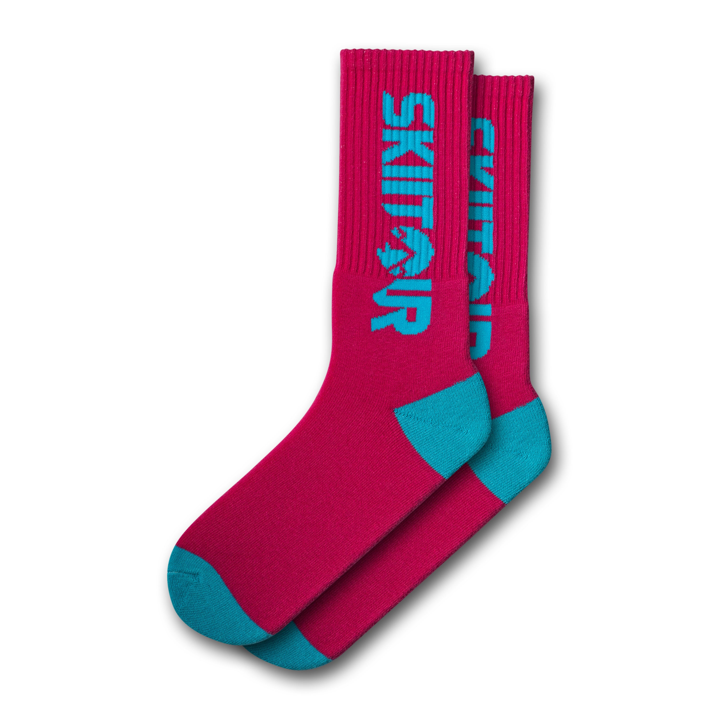 A pair of pink and blue colored socks with 'Skiitour' branding on the ankle area.