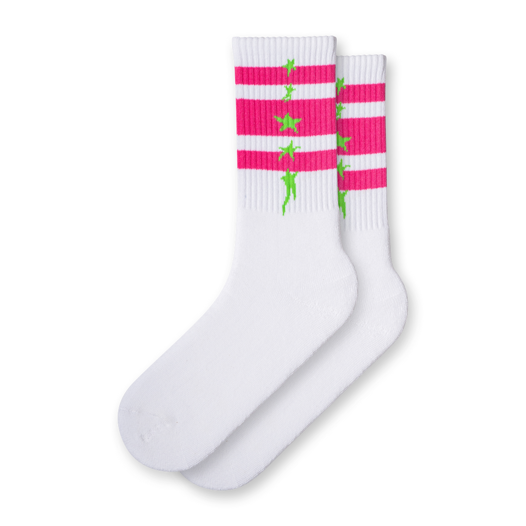 White socks with pink stripes and neon green stars