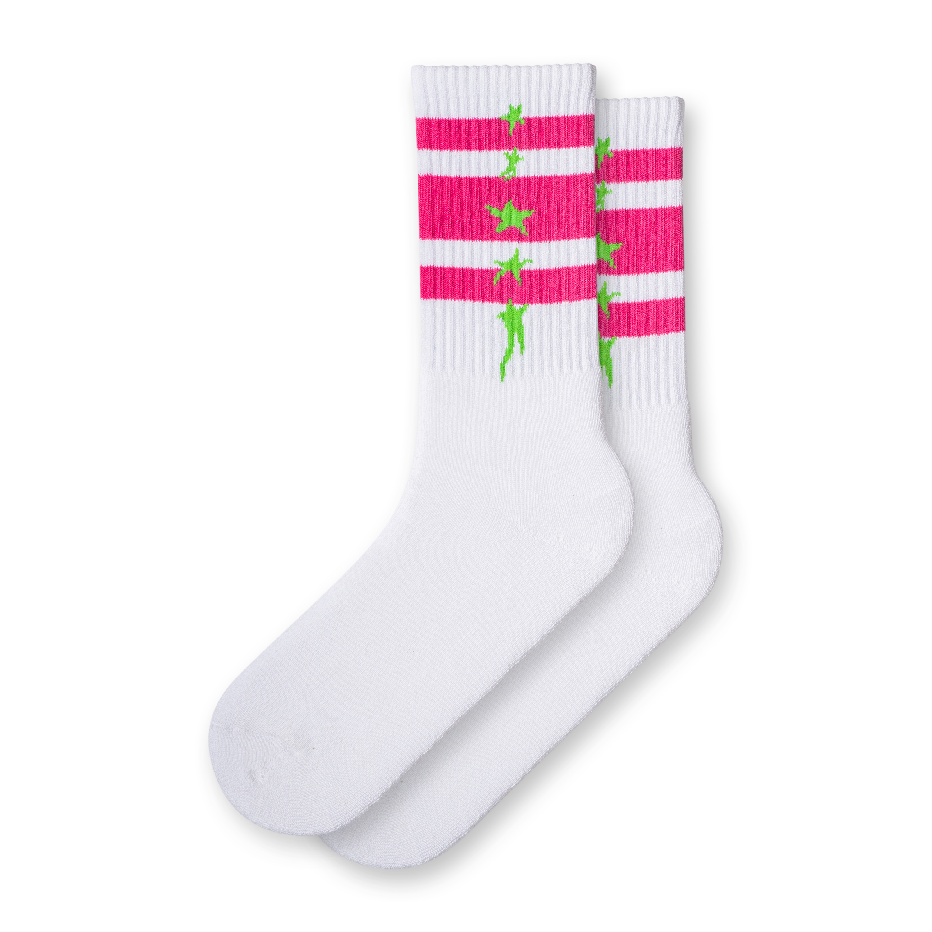 White socks with pink stripes and neon green stars