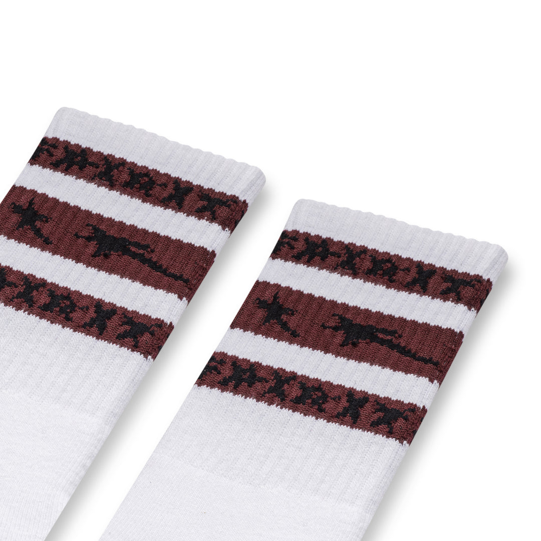 White socks with Dark red stripes 
