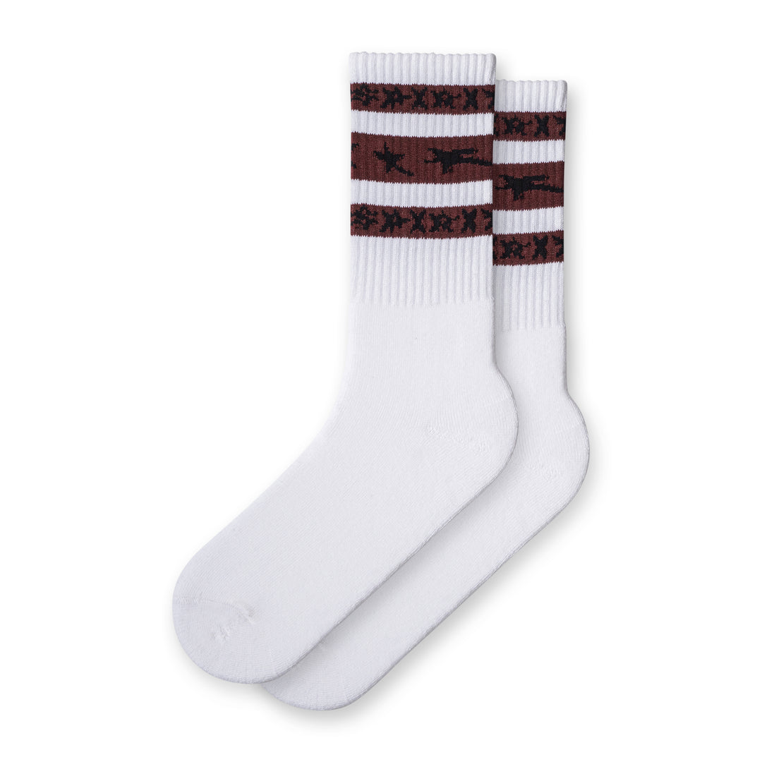 White socks with dark red stripes