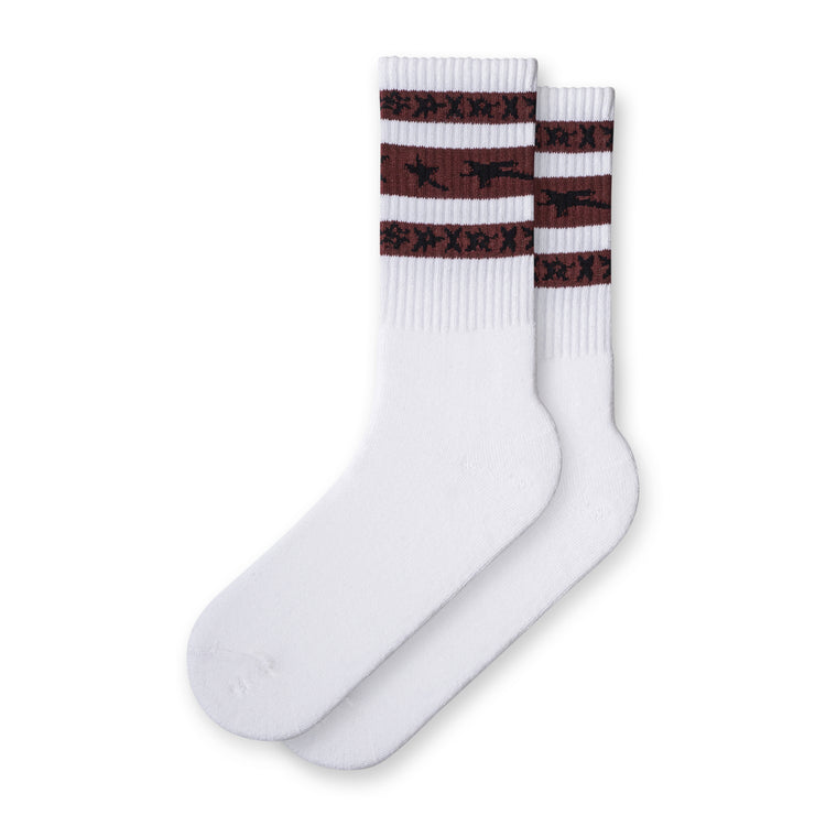 White socks with dark red stripes