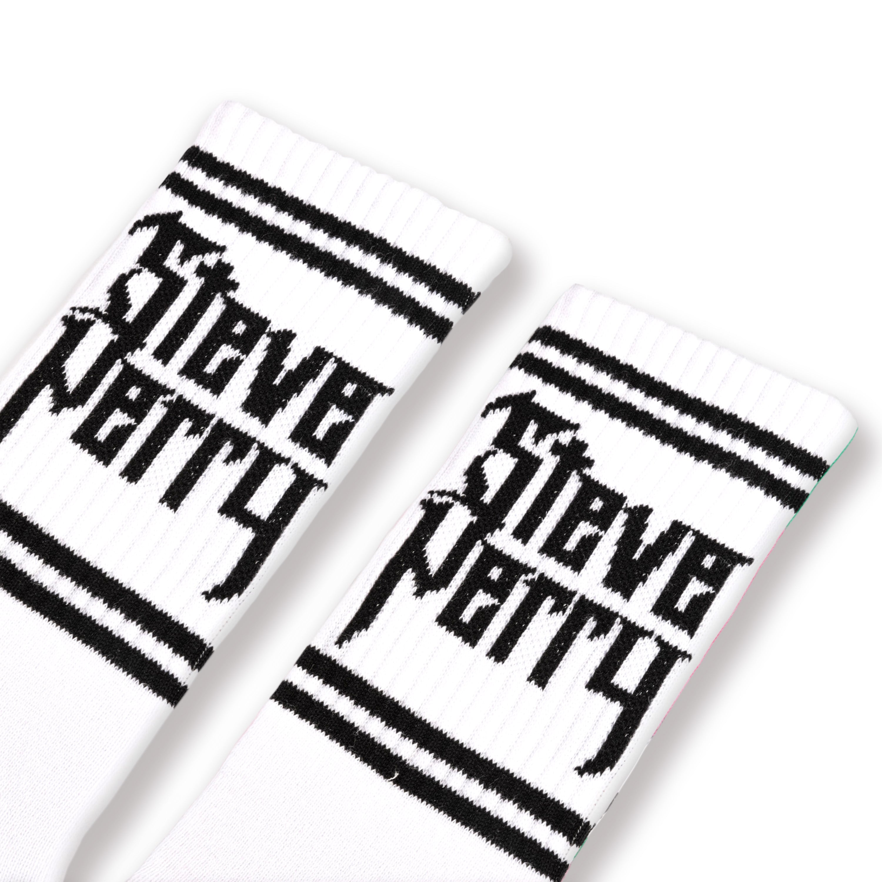 White socks with Black stripes and the words "Steve Perry" on the ankle.