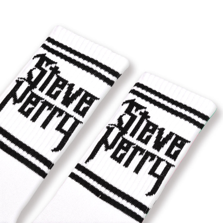 White socks with Black stripes and the words "Steve Perry" on the ankle.