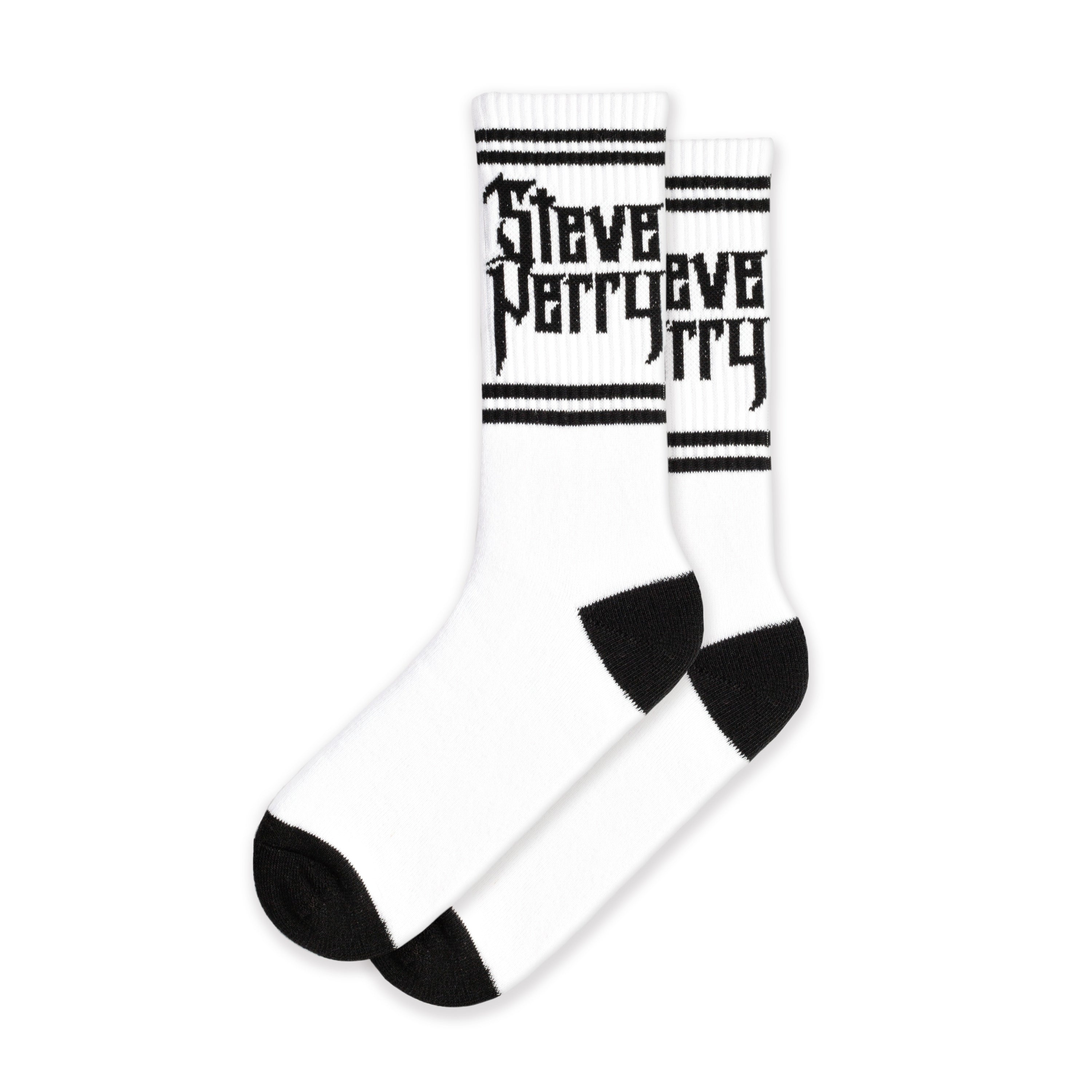 White socks with Black stripes and the words "Steve Perry" on the ankle.