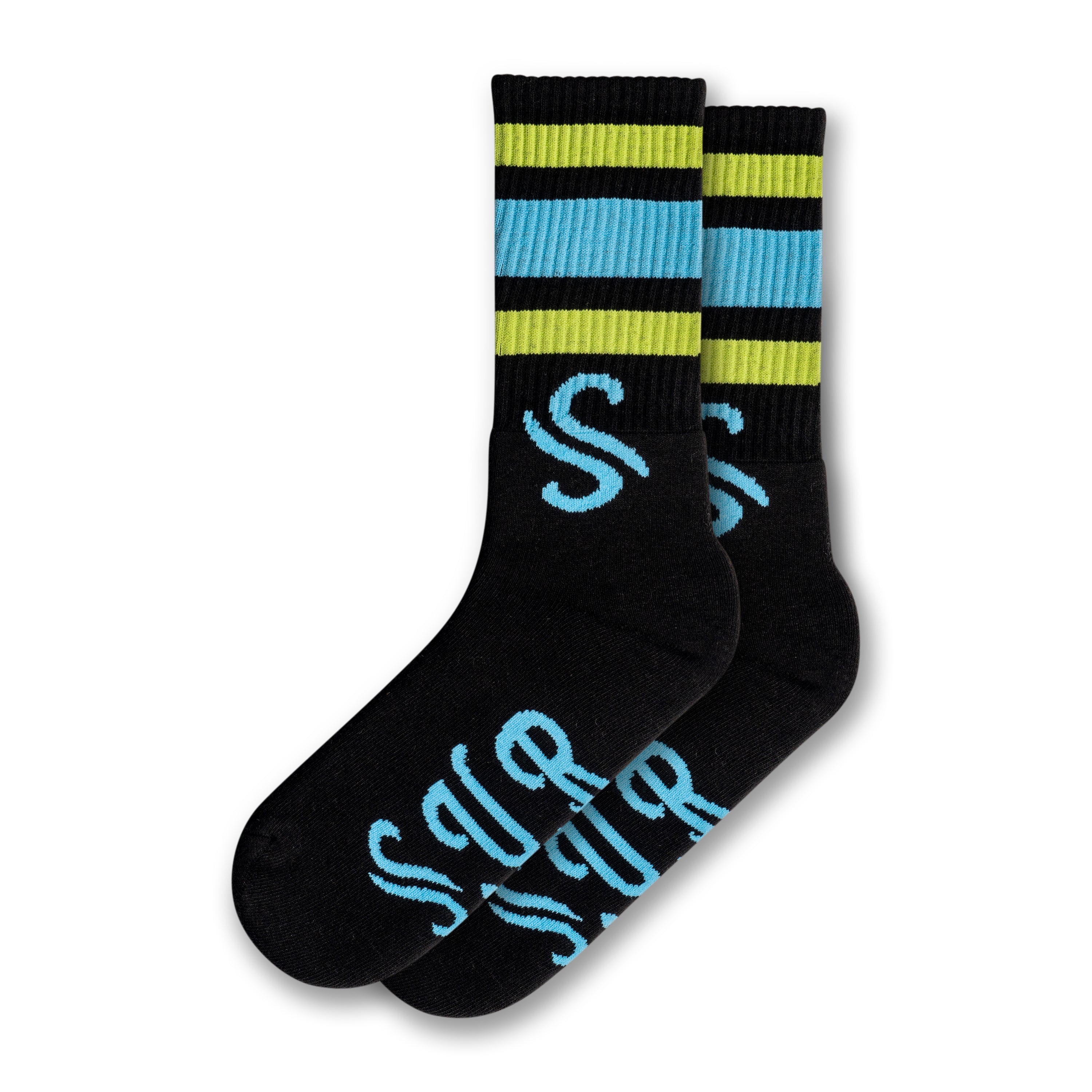 Black socks with green and blue stripes with "SUR" on the footbed