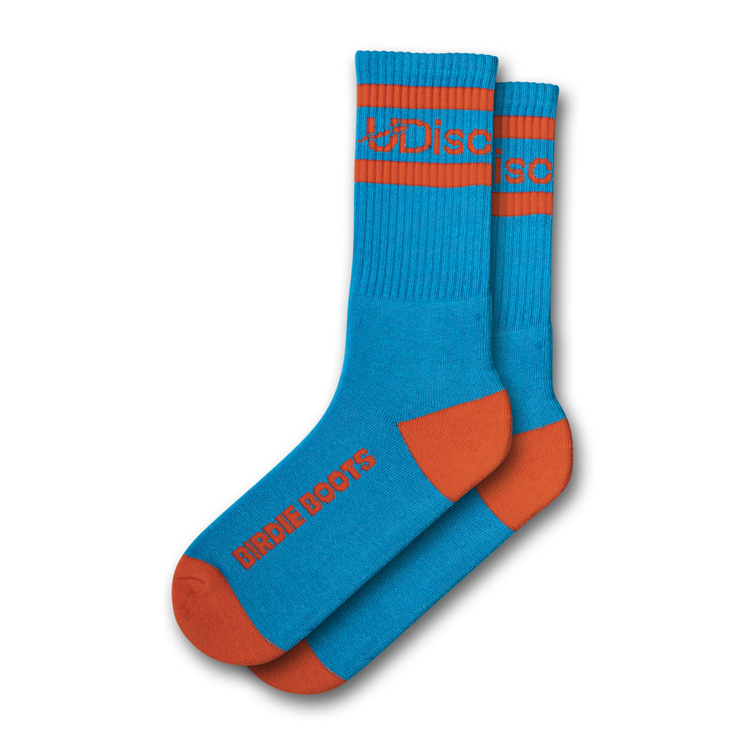 Blue and orange socks featuring Disc Branding