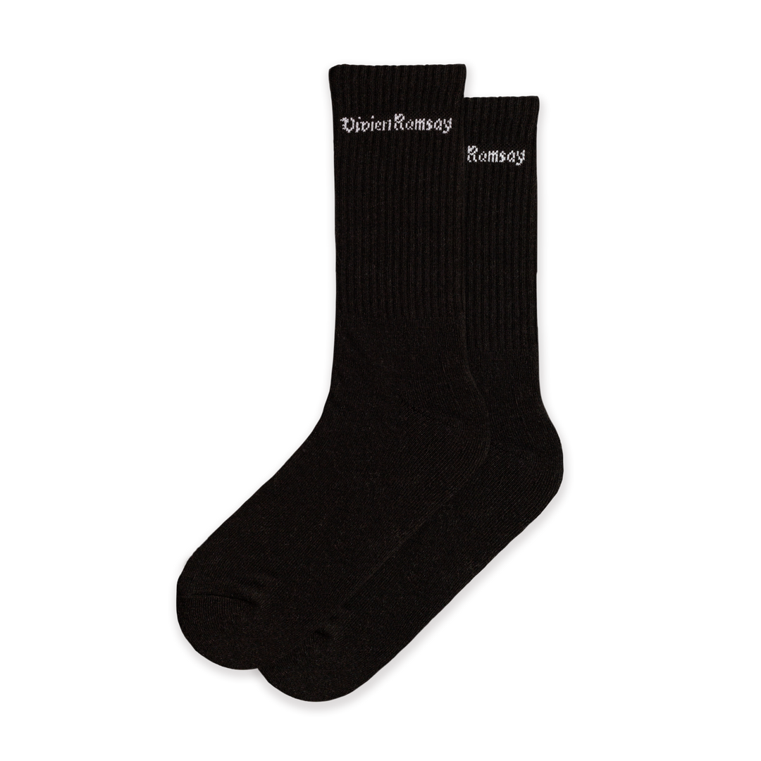 A pair of Black Vivien Ramsey socks with the brand name on the ankle area.