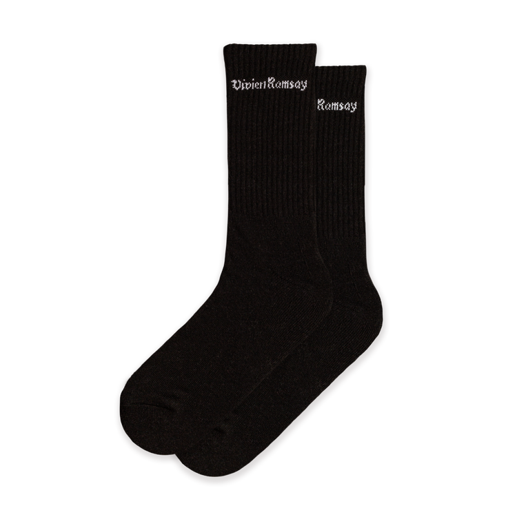A pair of Black Vivien Ramsey socks with the brand name on the ankle area.