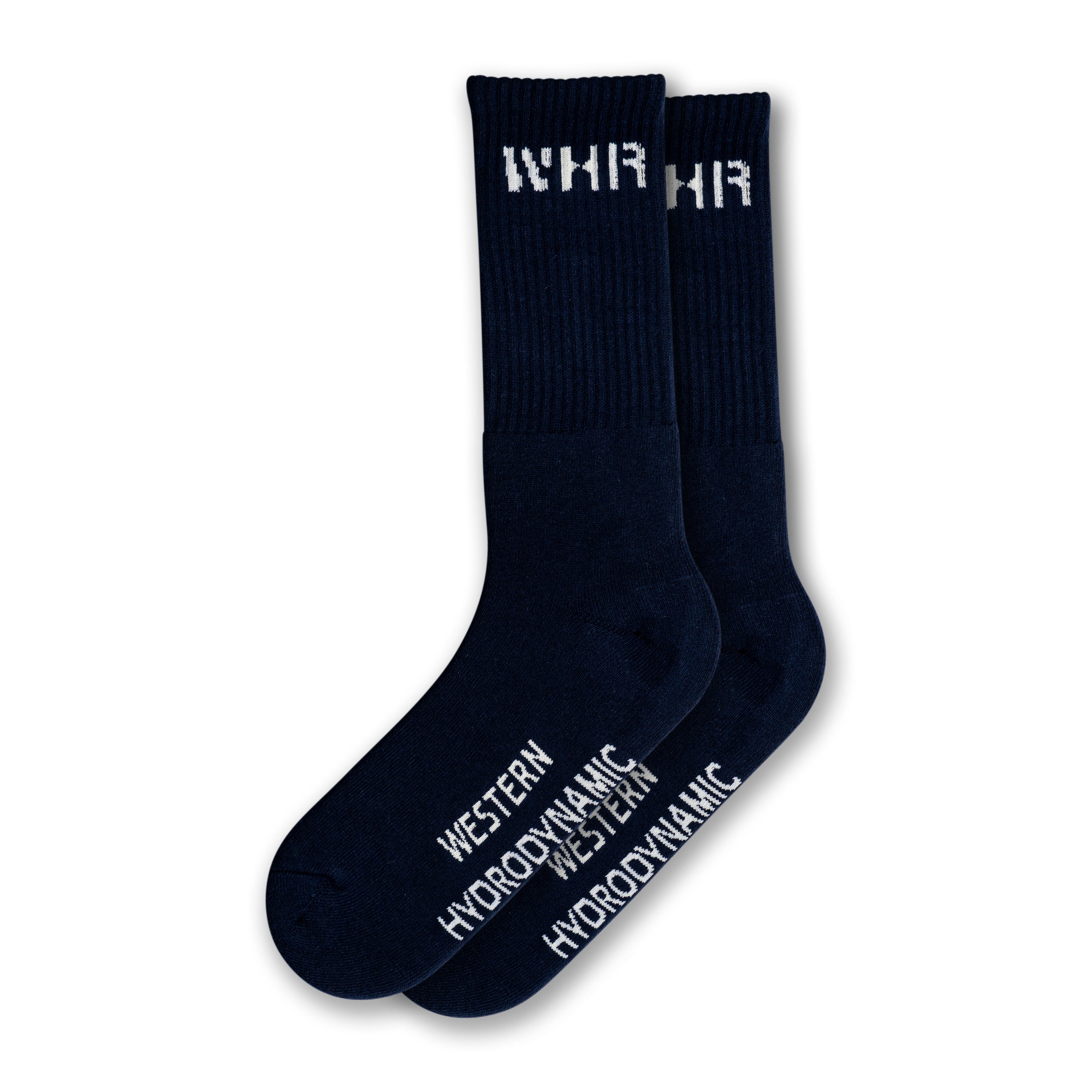Navy socks with "WHR" branding on the ankle and "Western Hydrodynamic" on the foot
