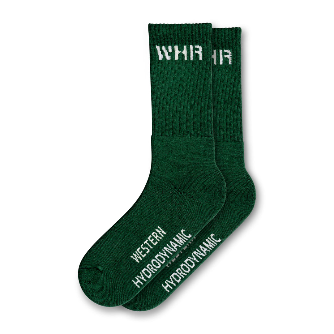 Green socks with "WHR" branding on the ankle and "Western Hydrodynamic" on the foot