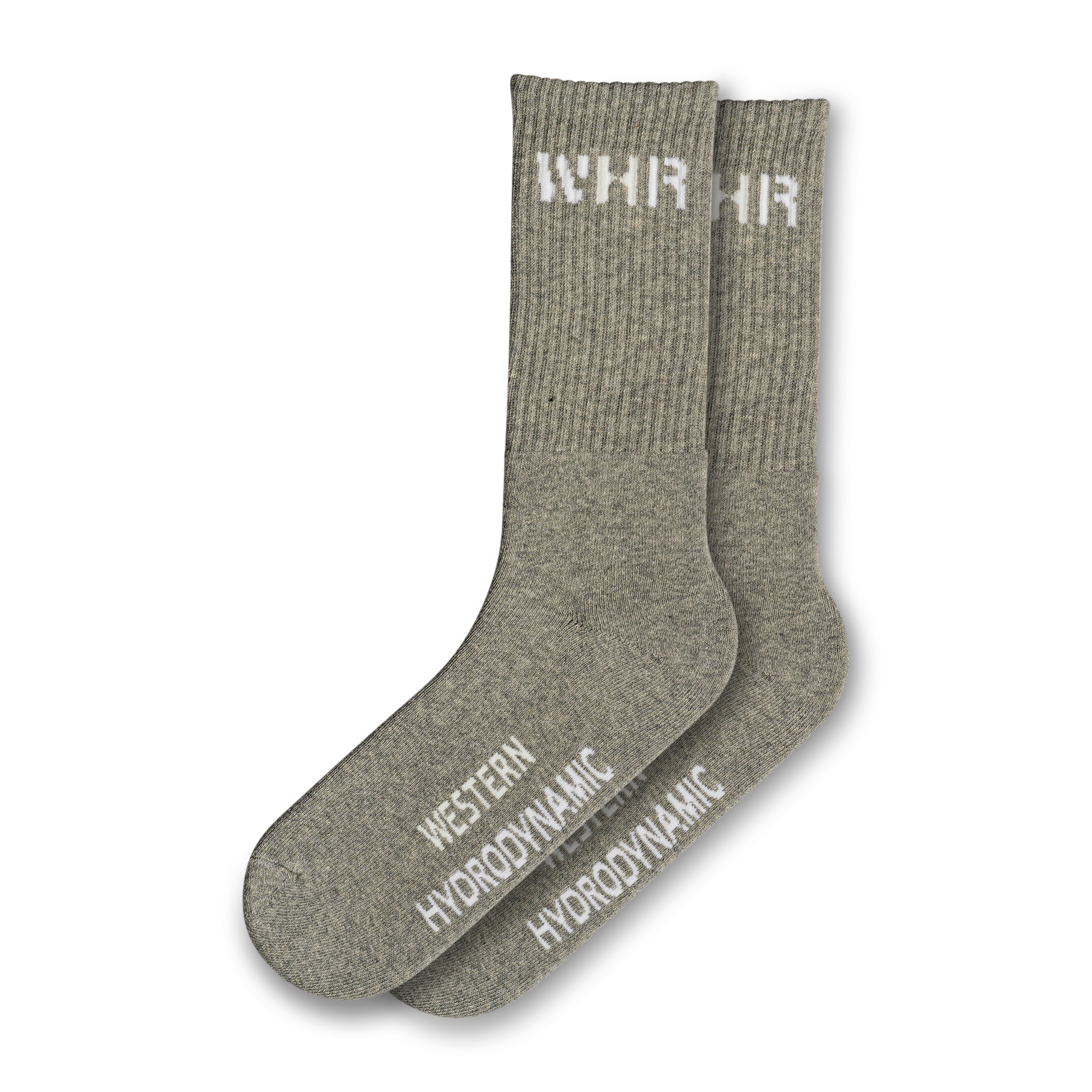 A pair of gray socks with 'WHR' and 'HYDRODYNAMIC' text on the ankle area.