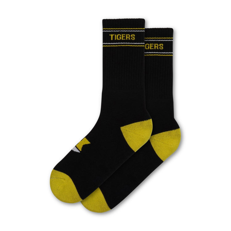 Black socks with yellow accents and 'Tigers' text on a white background