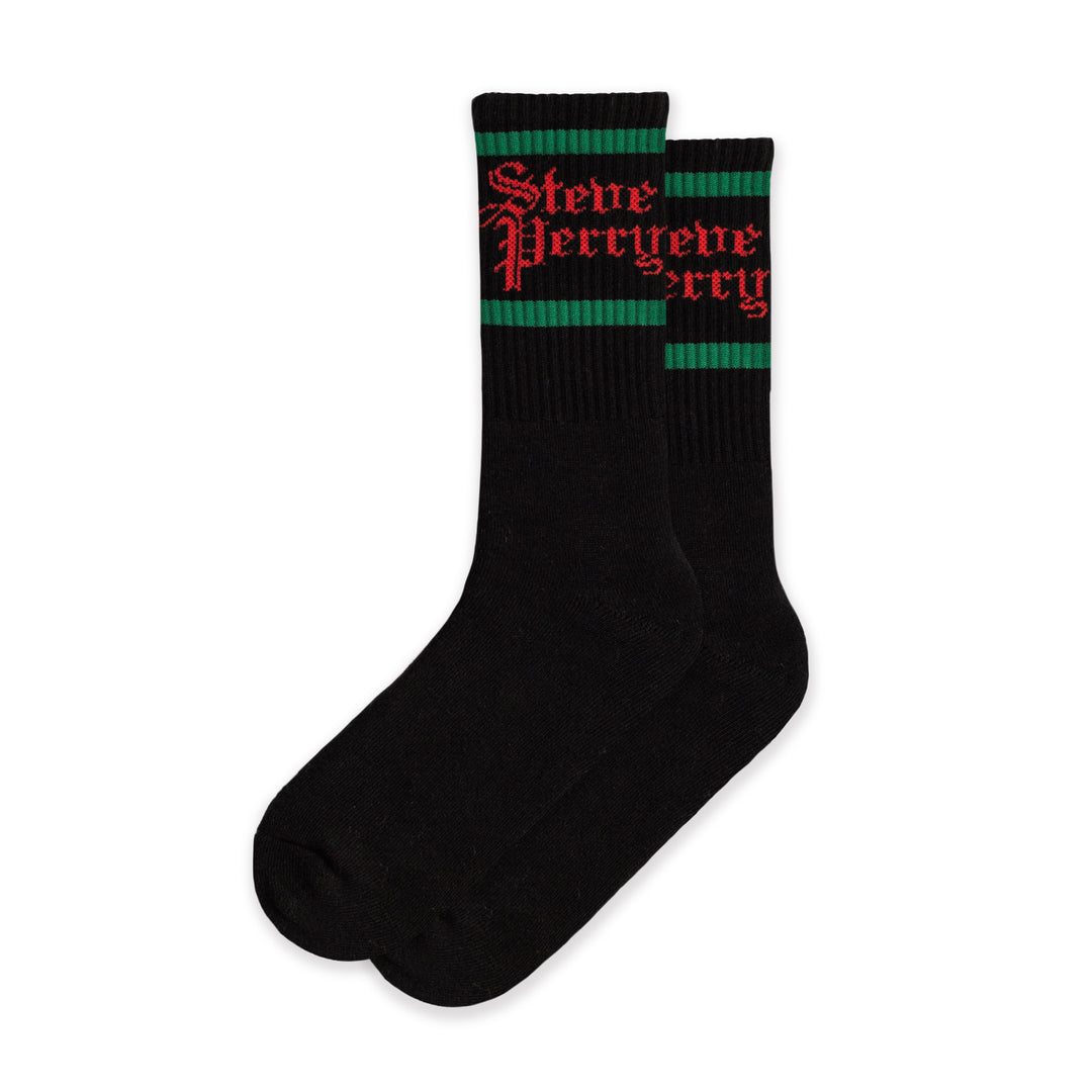 Black socks with green stripes and the words "Steve Perry" in red.