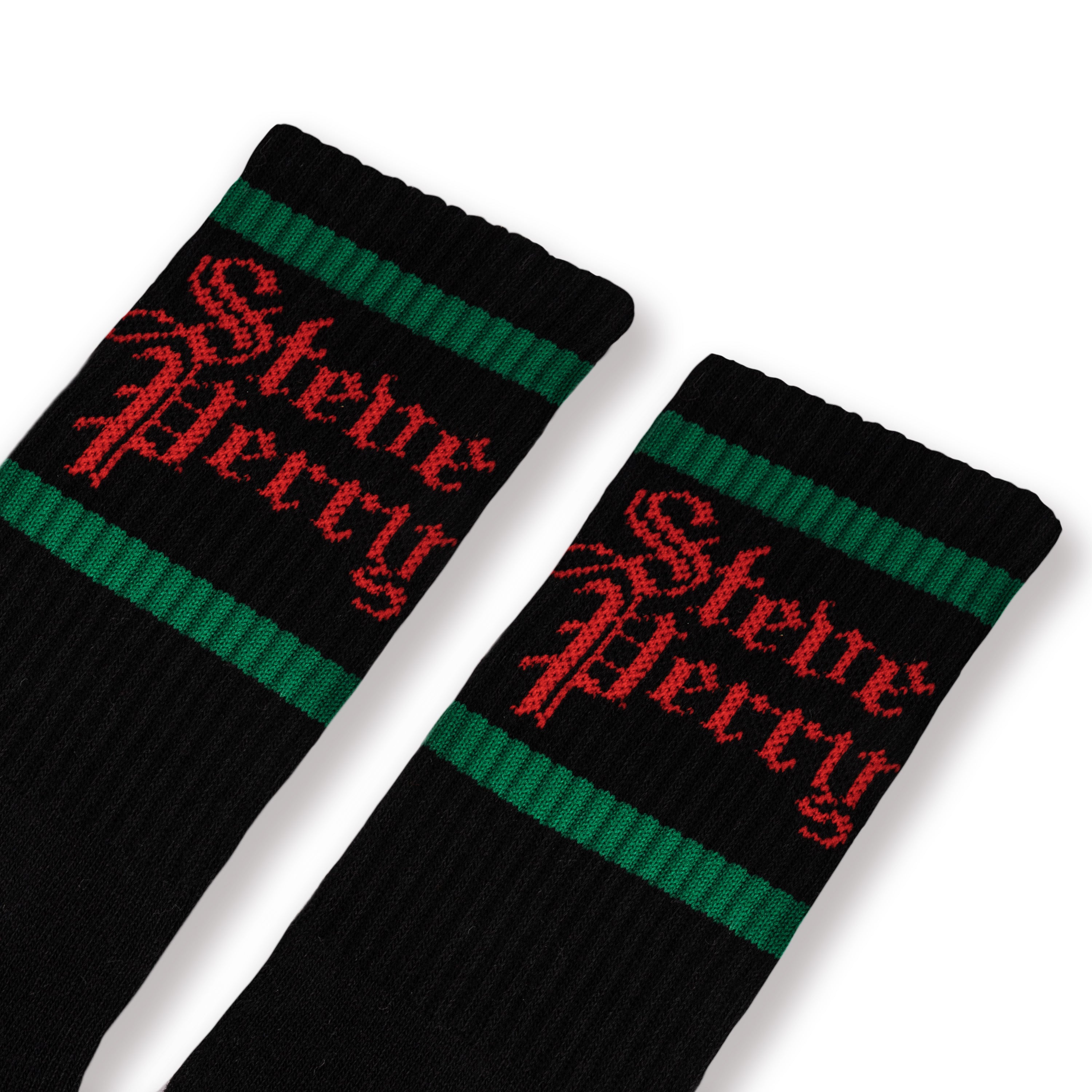 Black socks with green stripes and the words "Steve Perry" in red.