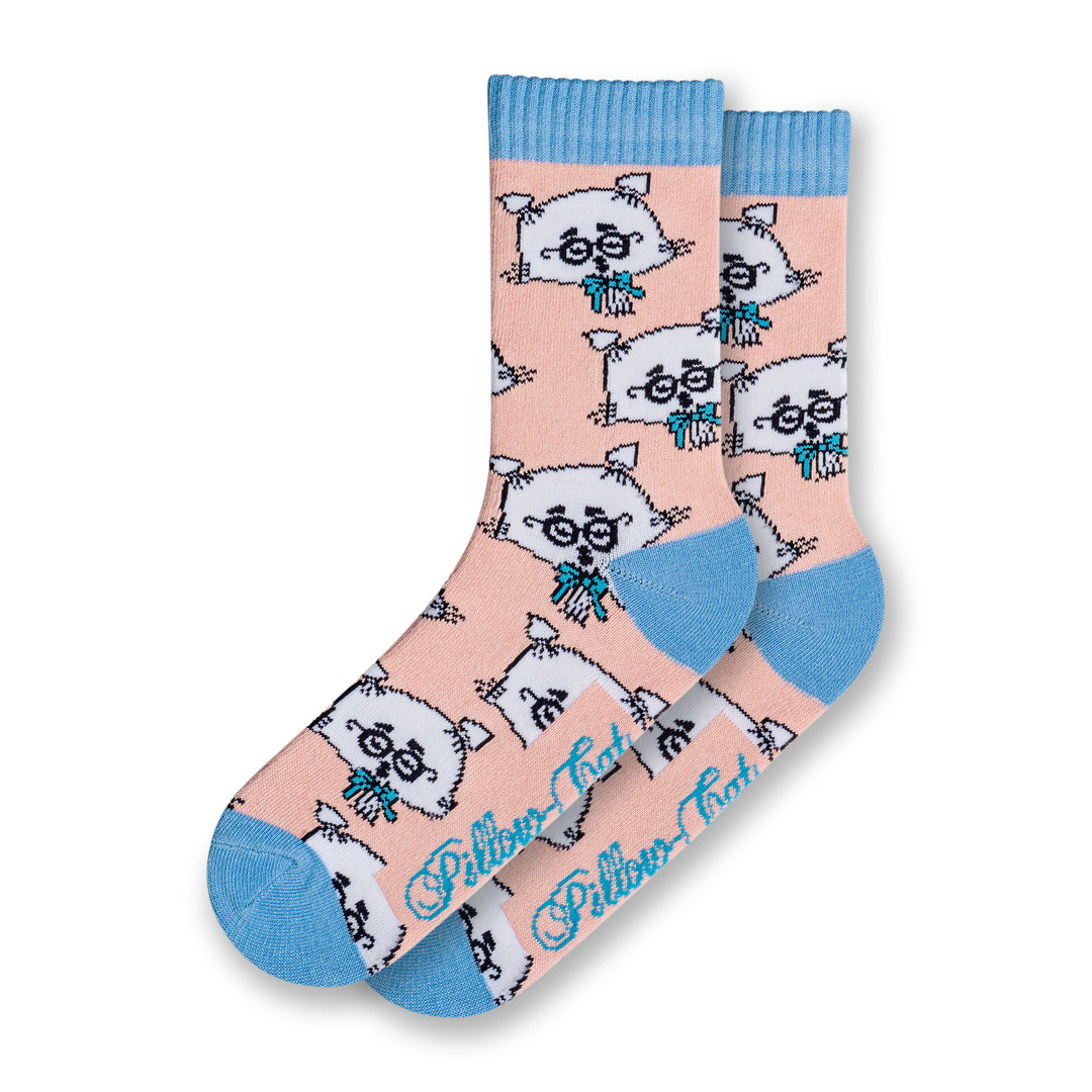 A pair of pink and blue socks featuring a repeated pattern of a stylized, cartoon-like cat with glasses and a bow tie.