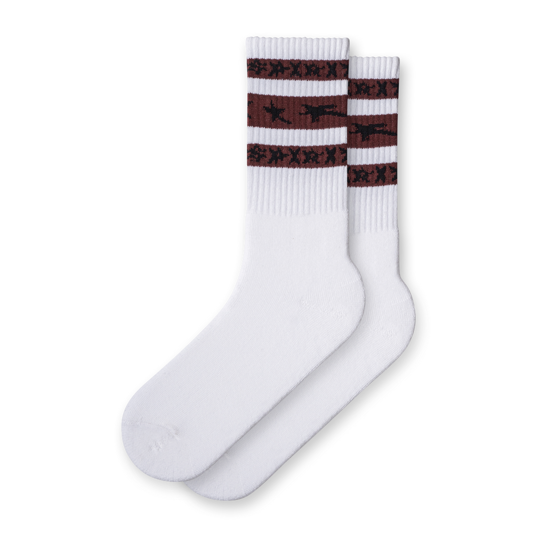 A pair of white socks with a striped pattern 