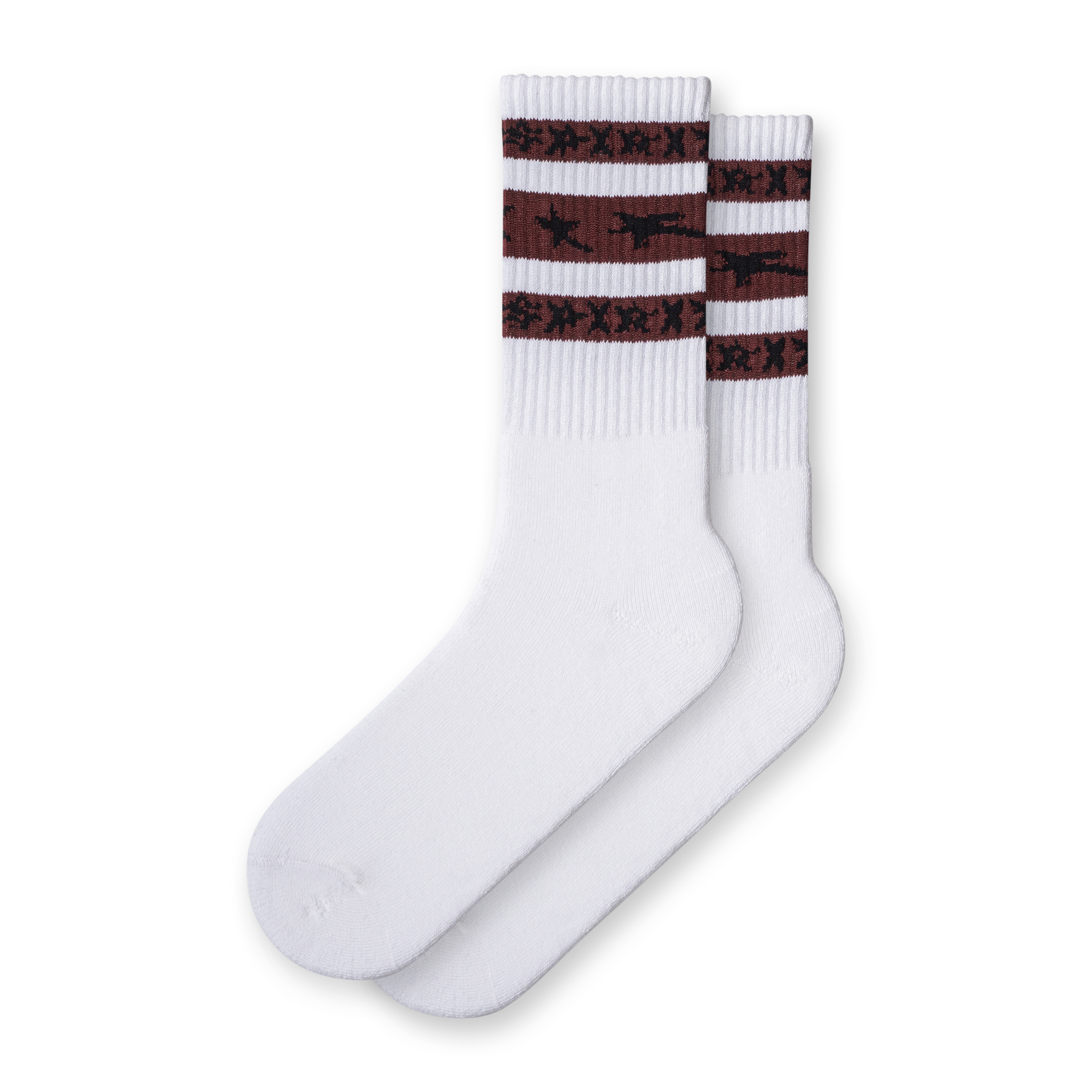 A pair of white socks with a striped pattern 
