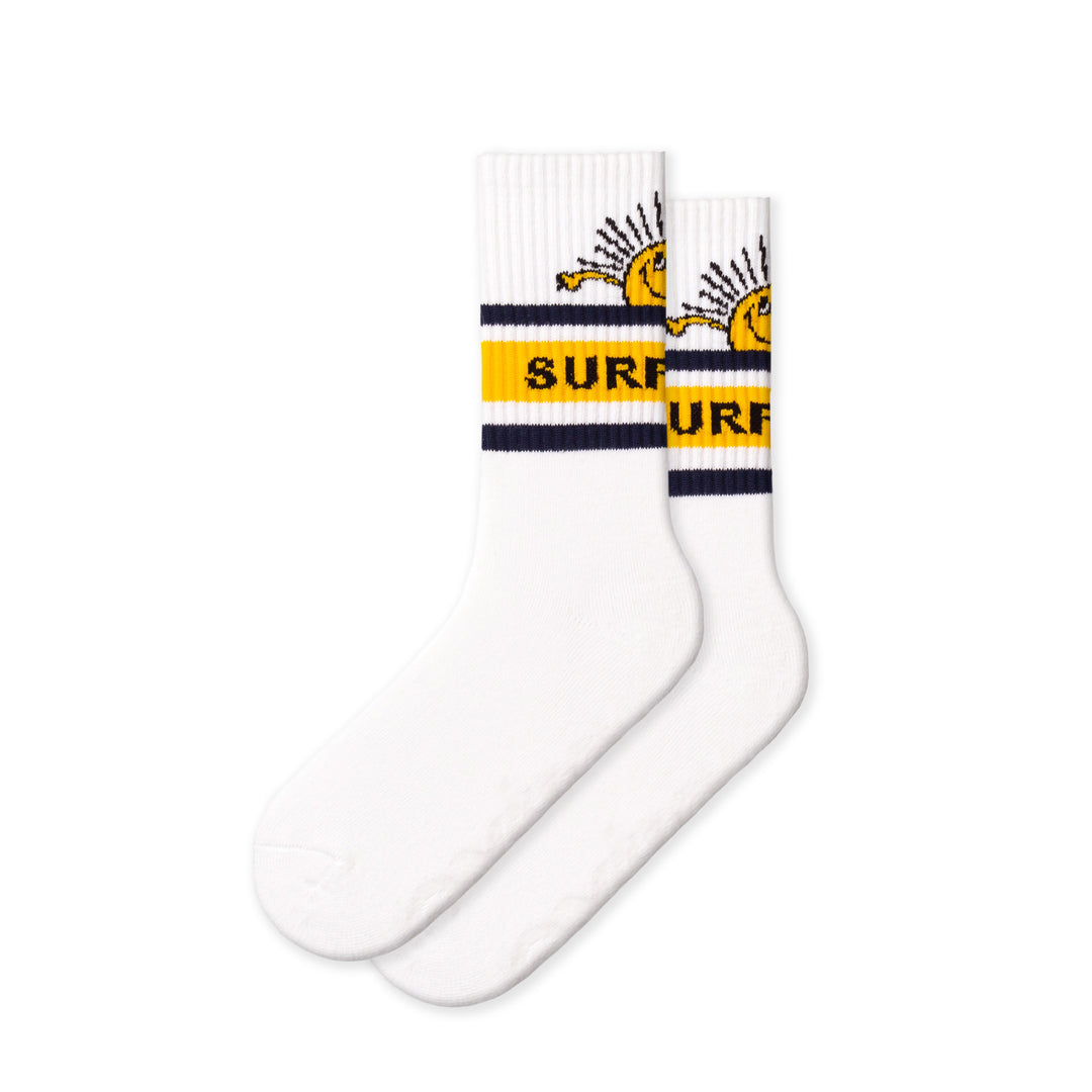 A pair of white surfing socks with a navy blue and yellow striped design, featuring the text 'SURFURUGI' and a graphic of a sun.
