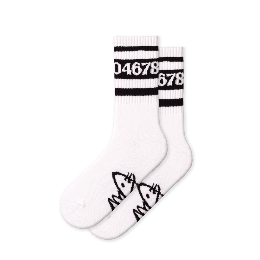 White socks with black stripes and numbers 