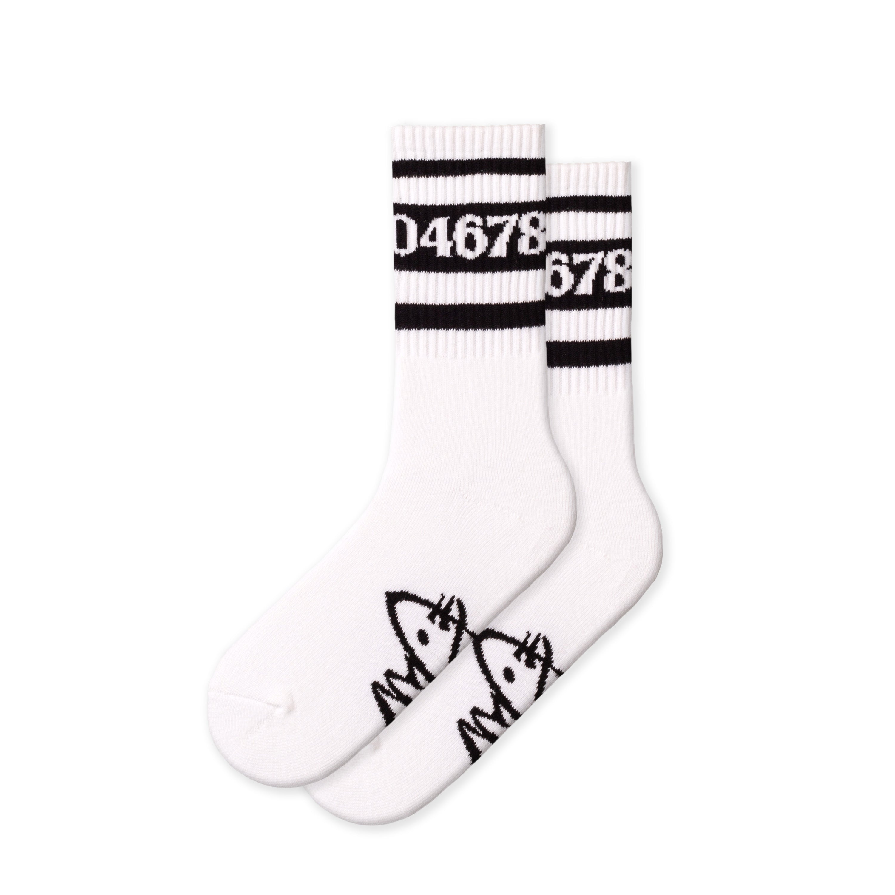 White socks with black stripes and numbers 