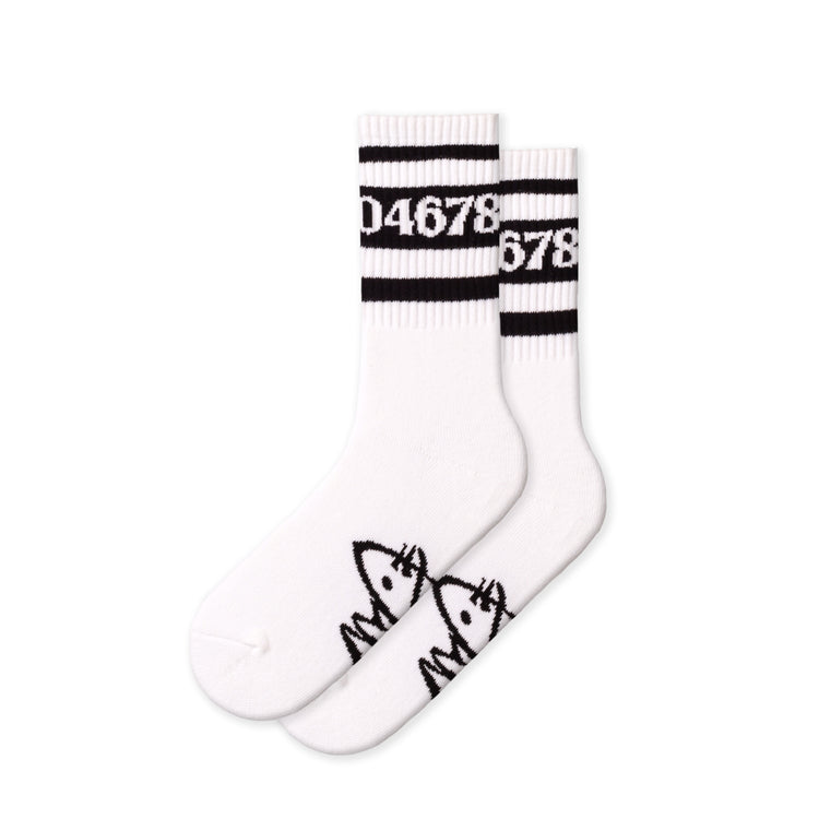 White socks with black stripes and numbers 