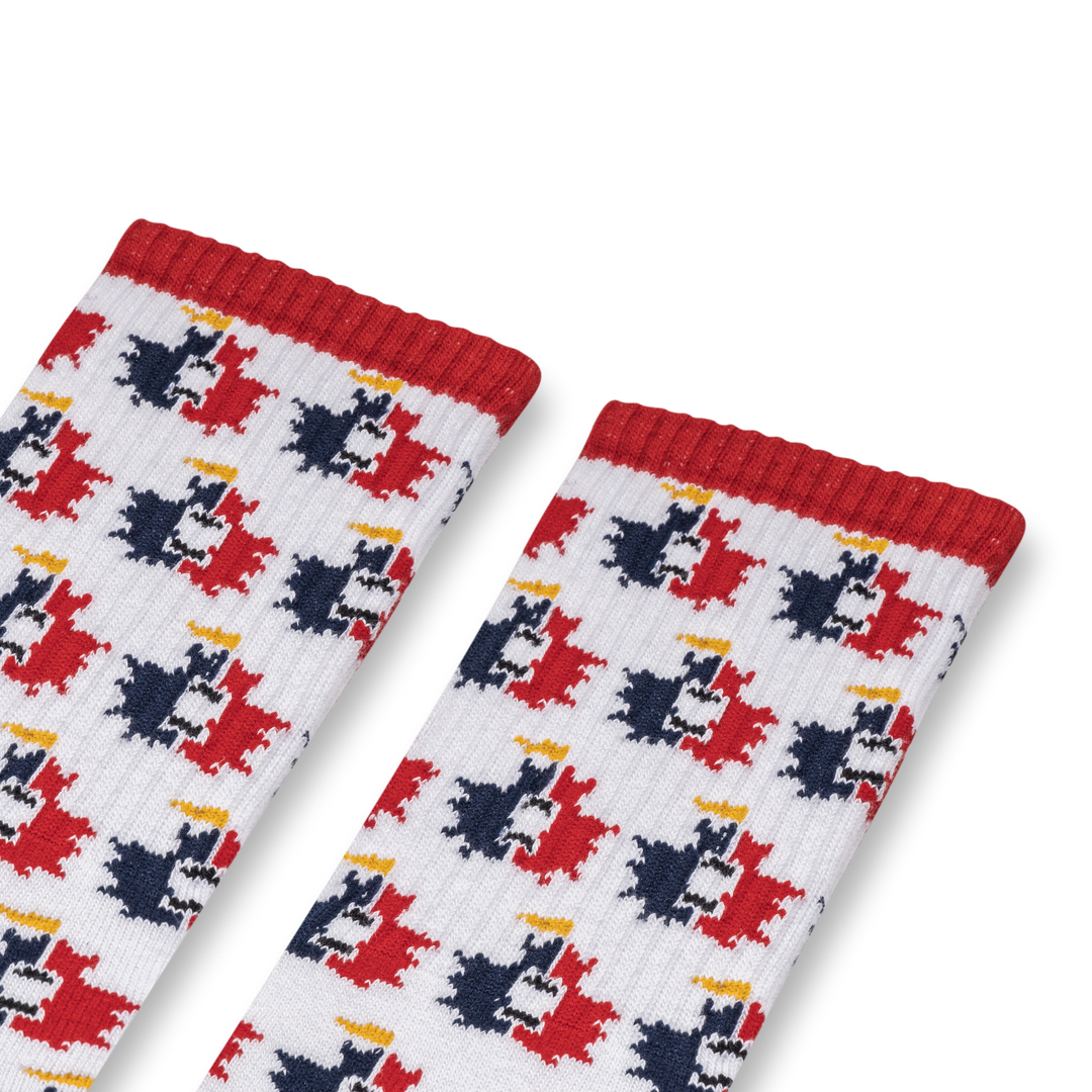 White socks with red and blue maple leaf logos
