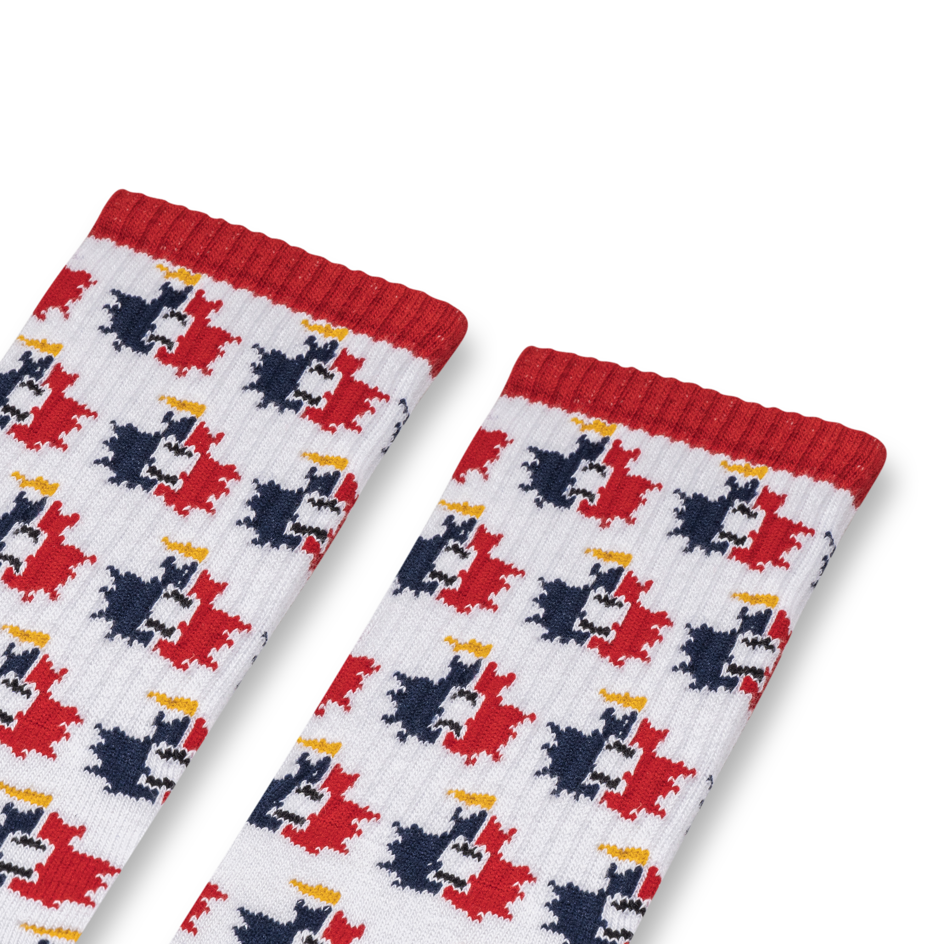 White socks with red and blue maple leaf logos