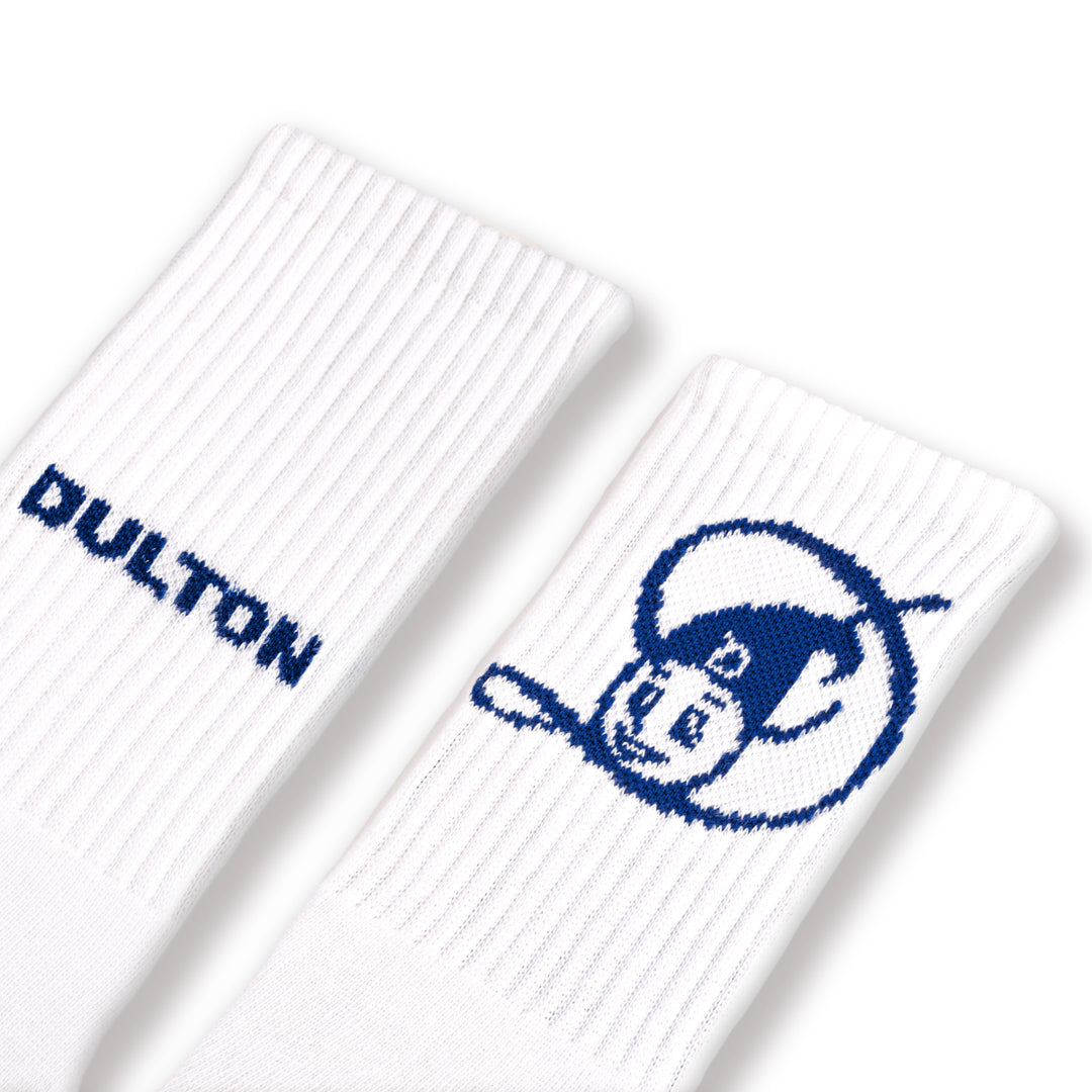 Paid of white socks with Dulton and logo on the ankle