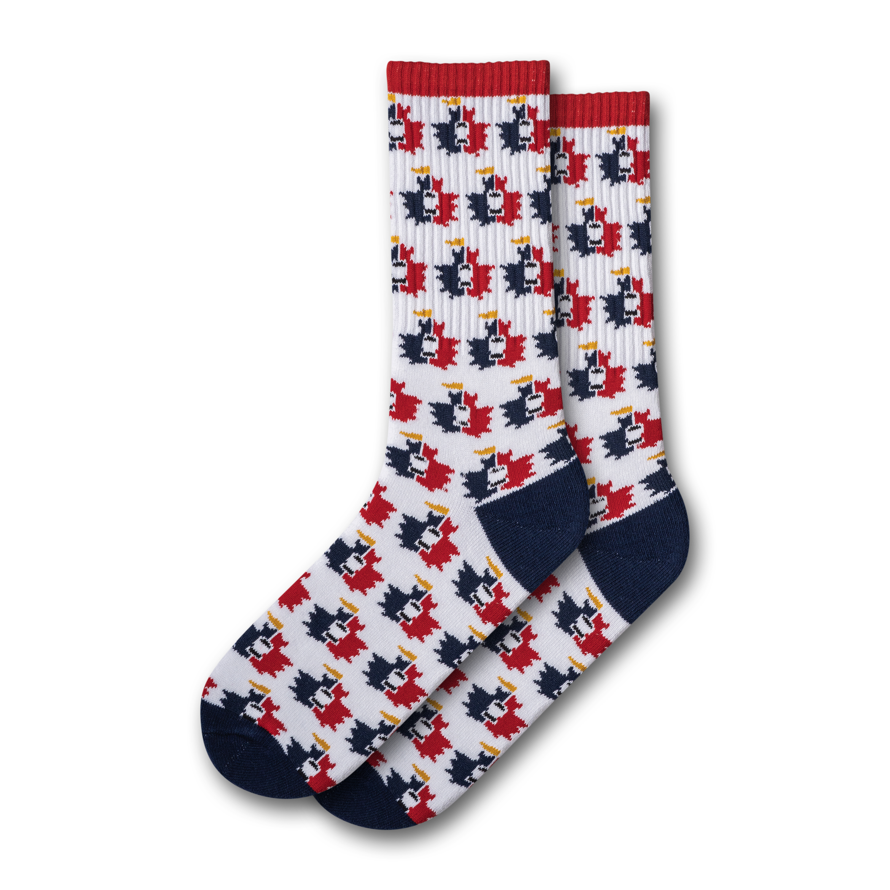 A pair of navy and red socks with a geometric pattern of maple leaves design, displayed against a white background.
