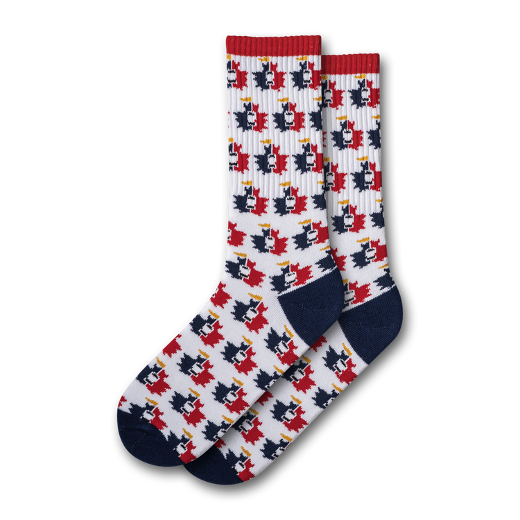 A pair of navy and red socks with a geometric pattern of maple leaves design, displayed against a white background.