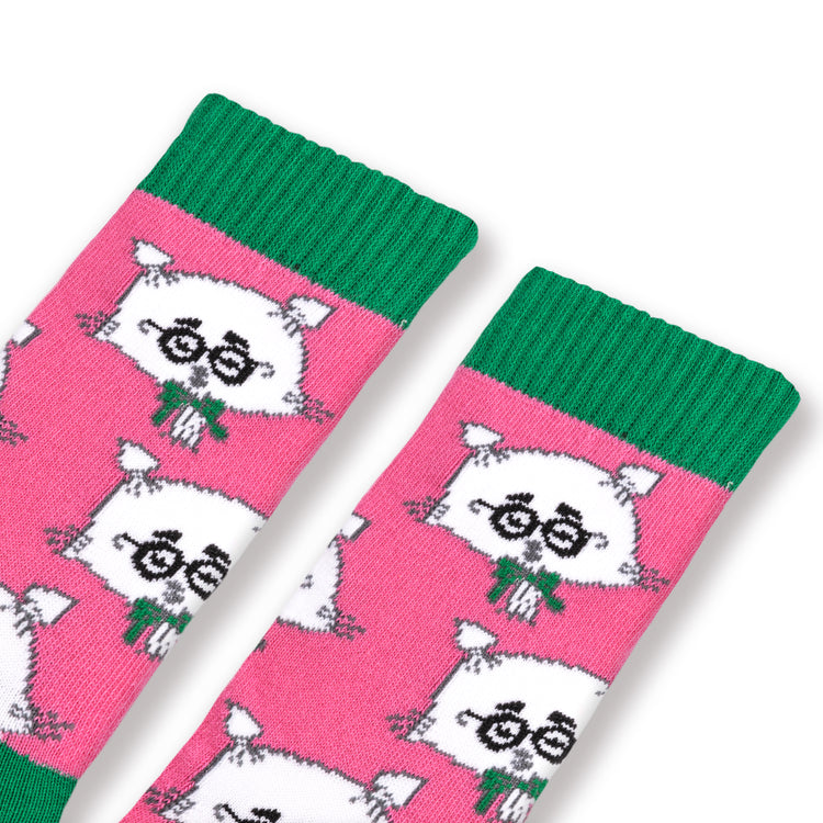 A pair of pink and green socks featuring a repeated pattern of a stylized, cartoon-like cat with glasses and a bow tie.