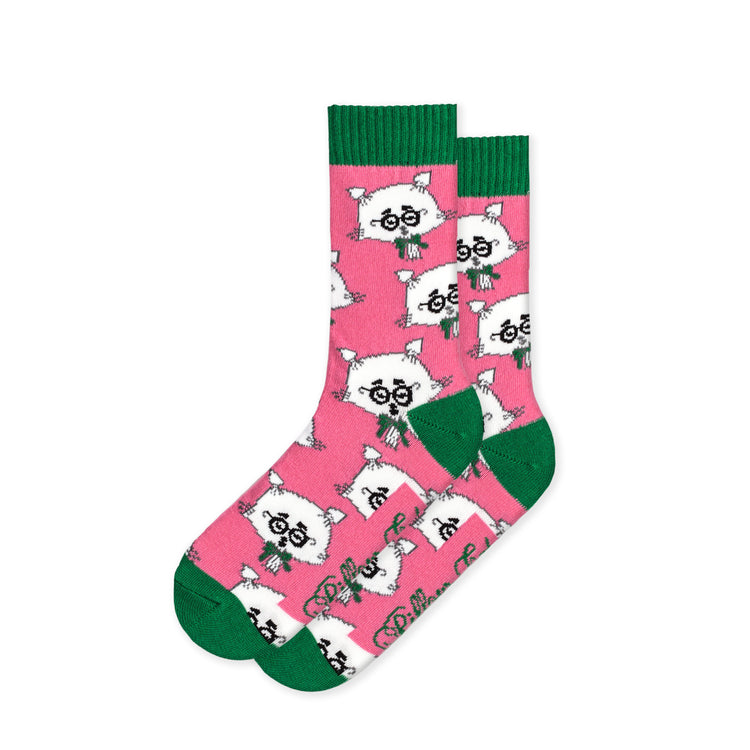 A pair of pink and green socks featuring a repeated pattern of a stylized, cartoon-like cat with glasses and a bow tie.