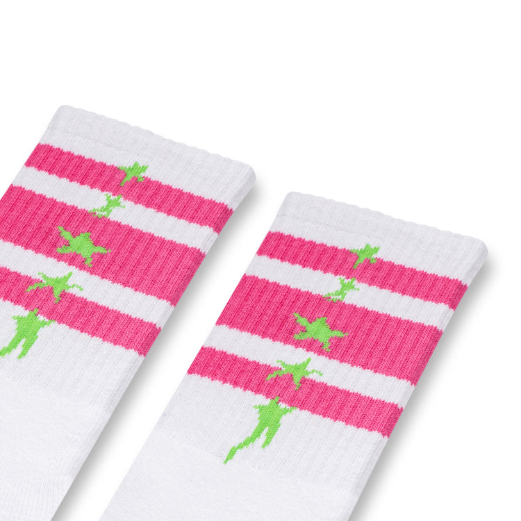 white socks with pink stripes with neon green stars