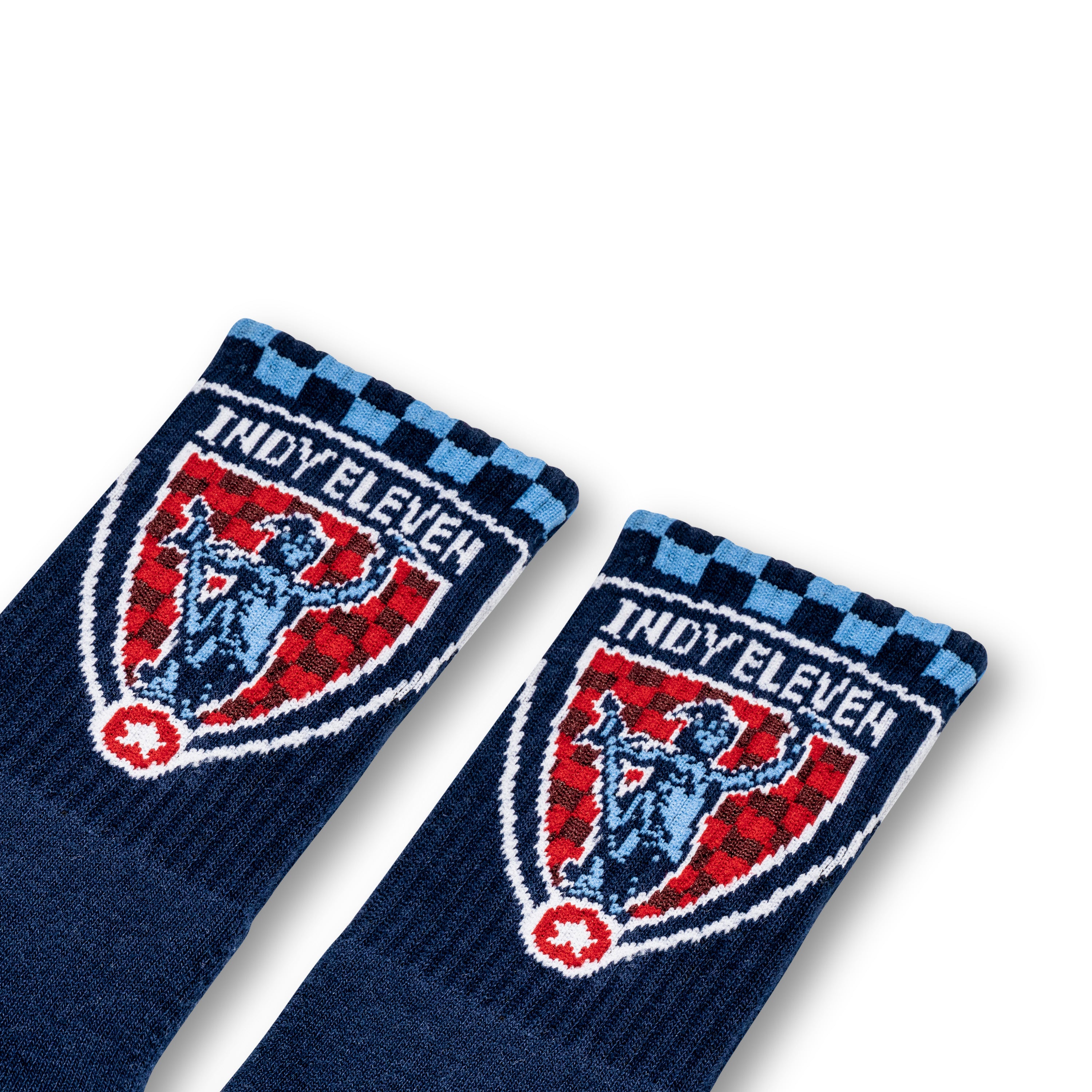 Navy socks with The Shop Indy branding on the ankle
