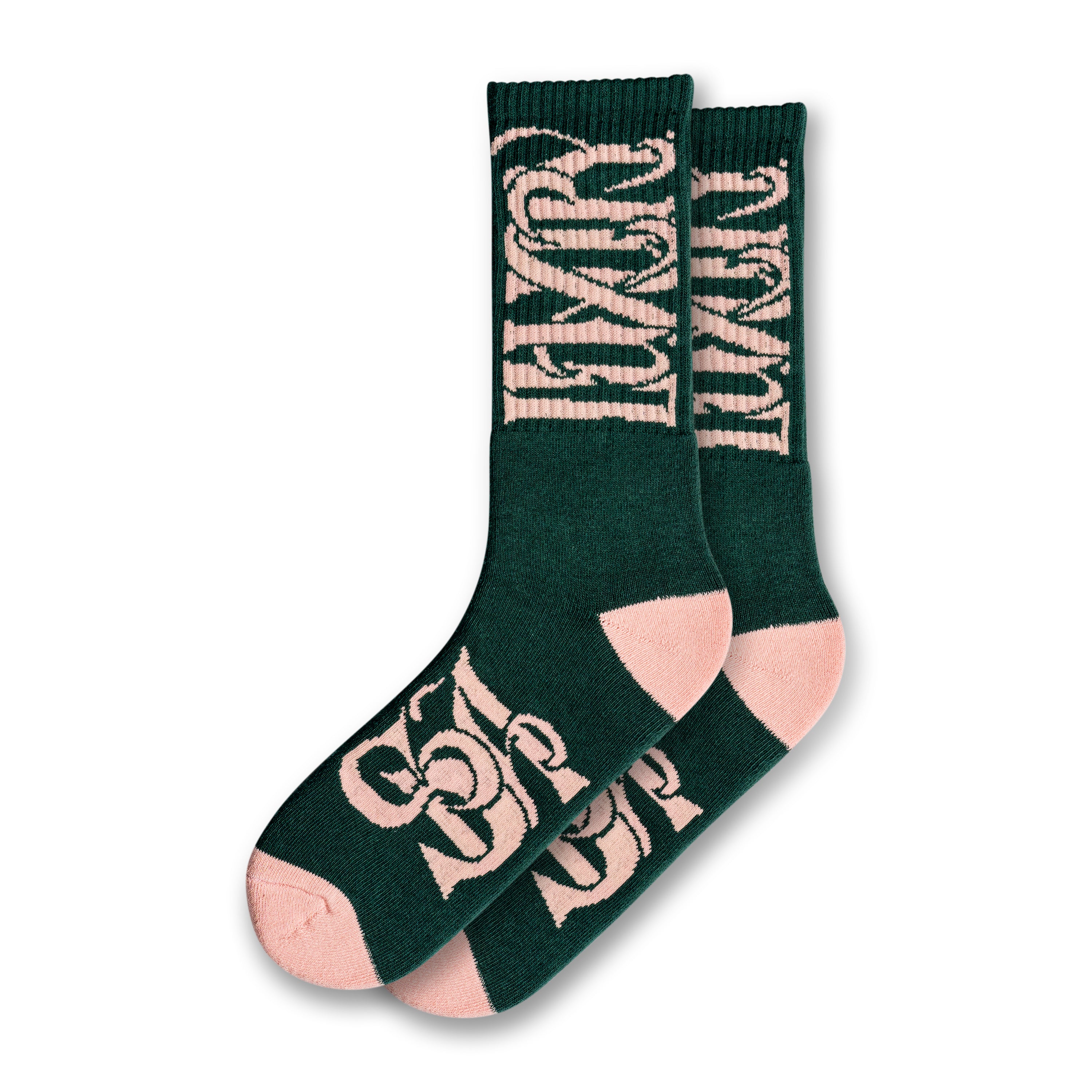 Green & pink socks with "Luxury Spa" branding
