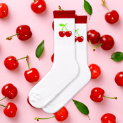 Extra Point Cherry Socks have cherries knitted on the top part of the socks. Crew length athletic socks with full cushion