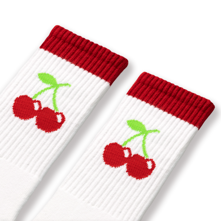 Extra Point Cherry Socks from 45 degree angle. Made in USA with US cotton. We can customize the socks with your logo.