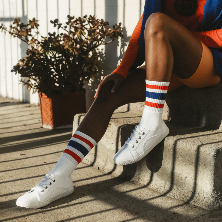Extra Point Three Stripe Socks: White w/ orange & royal stripes