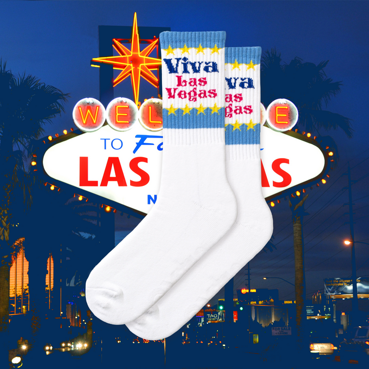 Extra Point Vegas Socks with Las Vegas sign on the background